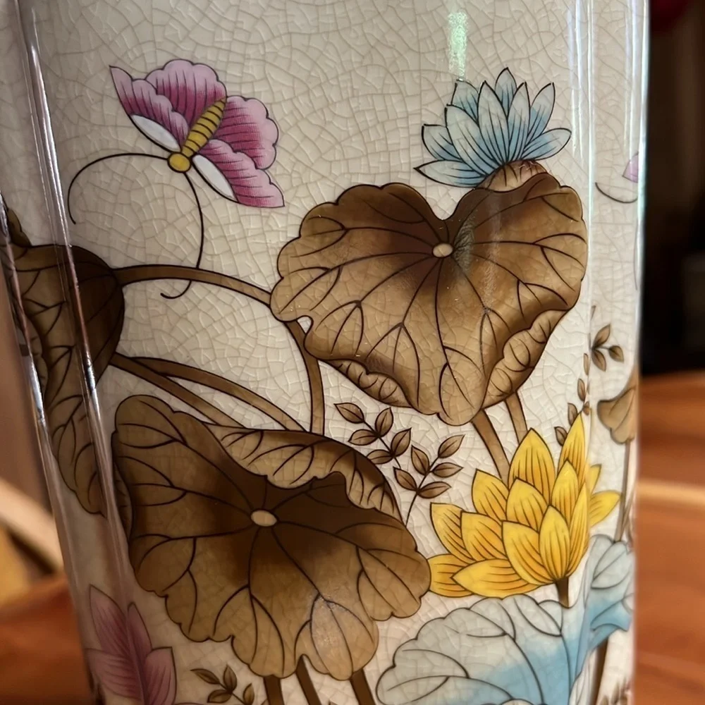 Vintage Andrea by Sadek Japan Lotus Flowers Butterfly Tall Vase